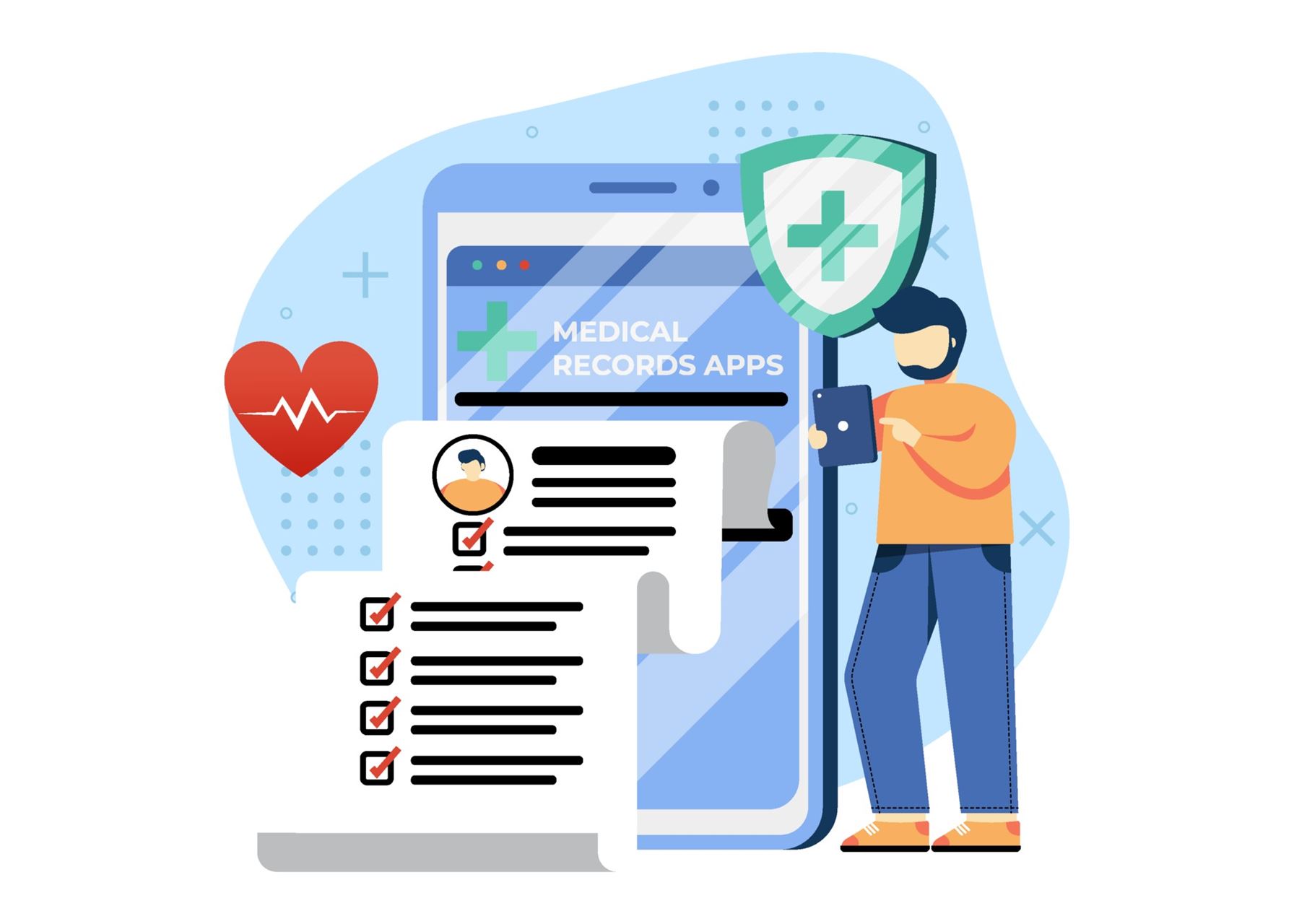 Cartoon image of person viewing medical records on phone