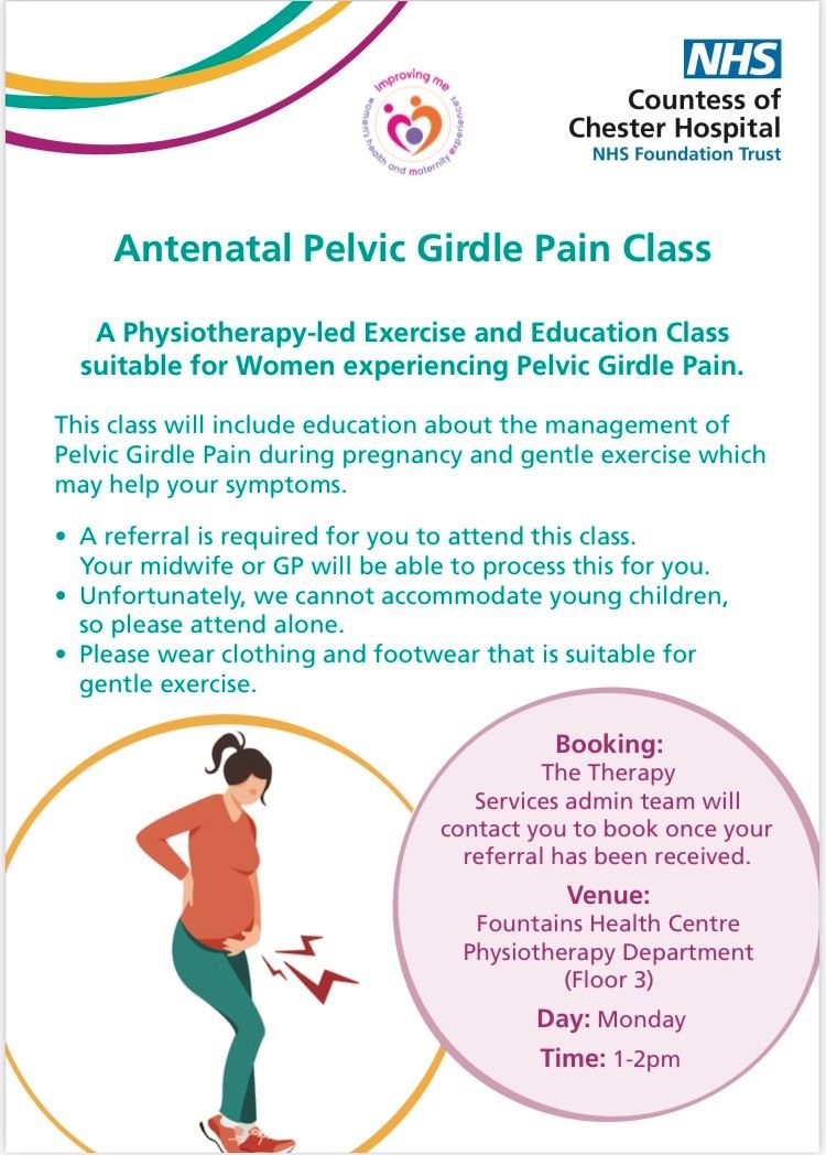 Antenatal Pelvic Girdle Pain Class Poster at Fountains Health Centre Chester Monday 1-2pm