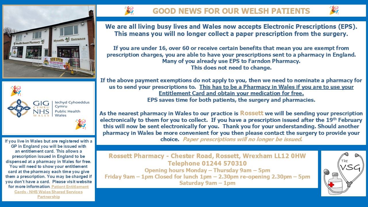 Poster explaining that now all Welsh prescriptions will be sent electronically by EPS to Rossett Pharmacy